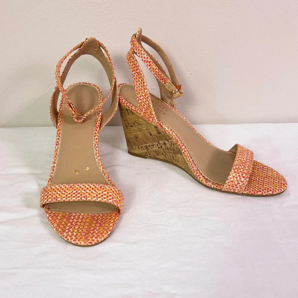 LC Lauren Conrad Wedge Sandals 10 Coral Woven Cork Strappy Boho Summer 160089